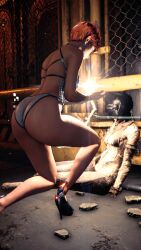 2girls 3d ass back bikini brown_hair corpse earrings eve_(stellar_blade) game_cg glasses high_heels jewelry multiple_girls on_one_knee outdoors shoes short_hair stellar_blade swimsuit thighs white_bikini white_monsoon_(stellar_blade)