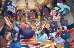 alternate_color animal_ear_fluff animal_nose braixen chandelure crobat frillish gallade gardevoir gen_1_pokemon gen_2_pokemon gen_3_pokemon gen_4_pokemon gen_5_pokemon gen_6_pokemon gengar giratina giratina_(altered) gothitelle halloween holding_hands hoothoot joltik kricketune legendary_pokemon litwick lopunny lucario masquerade mega_gallade mega_gardevoir mega_pokemon meloetta meloetta_(aria) misdreavus murkrow mythical_pokemon nintendo official_art phantump picture_frame pokemon pokemon_(creature) shiny_pokemon sneasel snout zubat