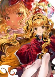 Rule 34 | 2girls, ^ ^, blonde hair, bow, capelet, closed eyes, closed mouth, covering own mouth, egg, guardian chara, hair bow, hair intakes, hairband, heart&#039;s egg (shugo chara!), highres, kusu kusu (shugo chara!), long hair, long sleeves, looking at viewer, mashiro rima, multiple girls, plaid capelet, plaid clothes, pleated skirt, polka dot, polka dot headwear, pom pom (clothes), red bow, red capelet, red skirt, school uniform, seiyo academy school uniform, shugo chara!, skirt, very long hair, wavy hair, yellow eyes, yeonneul