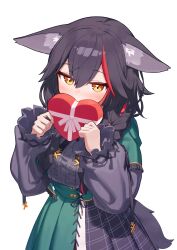 1girl absurdres animal_ear_fluff animal_ears black_hair box braid capelet center_frills commentary_request deaver double-parted_bangs frilled_shirt frills gift gift_box green_capelet green_skirt grey_shirt hair_between_eyes hair_ornament hairclip heart-shaped_box highres holding holding_gift hololive long_hair long_sleeves looking_at_viewer low_twin_braids multicolored_hair official_alternate_costume official_alternate_hairstyle ookami_mio ookami_mio_(8th_costume) puffy_long_sleeves puffy_sleeves red_hair shirt shirt_tucked_in sidelocks simple_background skirt solo streaked_hair tail twin_braids virtual_youtuber white_background wolf_ears wolf_girl wolf_tail yellow_eyes