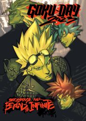 Rule 34 | 2023, 5boys, absurdres, album cover redraw, alternate costume, antennae, big hair, black jacket, black sweater, blonde hair, blue eyes, blue hair, character name, colored skin, derivative work, dragon ball, english text, frown, goggles, goggles on head, goku day, green eyes, green skin, highres, jacket, long hair, looking at viewer, male focus, multiple boys, multiple persona, namekian, photo-referenced, piccolo, pointy ears, powerman 5000, pxtakart, red eyes, red hair, serious, single bang, smile, smirk, son goku, spiked hair, super saiyan, super saiyan 1, super saiyan 3, super saiyan blue, super saiyan god, sweater, turtleneck, turtleneck sweater