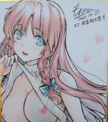 Rule 34 | 1girl, absurdres, alternate costume, black bow, blush, bow, braid, breasts, clothes lift, commentary request, dated, hair bow, heart, highres, hong meiling, large breasts, lifting own clothes, long hair, looking at viewer, monety, nipples, no bra, no headwear, open mouth, red hair, shikishi, signature, sleeveless, sleeveless sweater, smile, solo, sweater, sweater lift, touhou, traditional media, twin braids, very long hair, yellow sweater