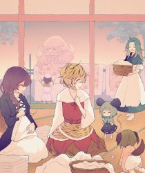 1boy 6+girls all_fours animal_ears black_dress black_hair blonde_hair blue_capelet capelet closed_eyes clothesline commentary_request dowsing_rod dress folding_clothes green_hair grey_hair hat hijiri_byakuren holding hood hood_down jewelry kasodani_kyouko kumoi_ichirin laundry laundry_basket long_sleeves mouse_ears mouse_tail multicolored_hair multiple_girls murasa_minamitsu nazrin open_mouth pendant pink_dress red_dress sailor_collar sailor_shirt shirt short_hair short_sleeves shorts smile socks sparkle streaked_hair tail tiger_stripes toramaru_shou touhou towako_(10wk0) tree two-tone_hair unzan white_dress white_headwear white_legwear white_shirt white_shorts wide_sleeves
