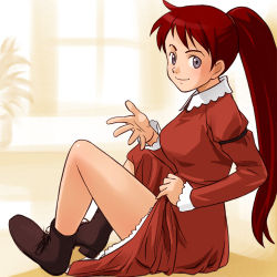 1girl 2006 ai_no_wakakusa_monogatari blue_eyes blush boot_straps boots brown_hair collar come_hither dress female_focus haruyama_kazunori indoors josephine_march light long_hair looking_at_viewer lowres open_hand plant ponytail potted_plant pulling_own_clothes red_dress sexually_suggestive sitting solo spread_legs sunlight turning_head upskirt window world_masterpiece_theater