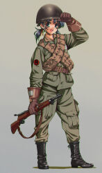 1990s_(style) 1girl absurdres aqua_eyes belt blue_hair boots commission full_body gloves gun helmet highres imperial_japanese_navy load_bearing_equipment longmei_er_de_tuzi low_twintails military military_uniform navy original pixiv_commission retro_artstyle revision rifle smile solo twintails weapon world_war_ii