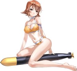 1girl armband arms_up barefoot bikini breasts choker cleavage full_body kantai_collection kneeling looking_at_viewer medium_breasts navel official_art orange_bikini richard_p._leary_(kancolle) richard_p._leary_(swimsuit)_(kancolle) solo swimsuit third-party_source torn_clothes torpedo transparent_background white_choker zeco