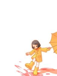 Rule 34 | 0123456789, 1girl, boots, female focus, full body, gradient background, original, raincoat, rubber boots, short hair, simple background, solo, umbrella, white background, yellow raincoat