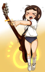 &gt;_&lt; 1girl blush brown_hair buruma closed_eyes electric_guitar eyebrows ez6 female_focus flying_sweatdrops guitar gym_uniform instrument k-on! md5_mismatch mitsudomoe_(manga) name_tag short_hair solo tears toyosaki_aki voice_actor_connection yoshioka_yuki