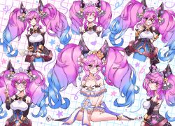 1girl absurdres anger_vein angryforks bare_shoulders bell blue_hair blush breasts cleo_(dragalia_lost) cleo_(summer)_(dragalia_lost) closed_eyes detached_sleeves dragalia_lost dress glasses gradient_hair heart highres large_breasts long_hair multicolored_hair multiple_views pink_eyes pink_hair purple_eyes sitting star_(symbol) swimsuit very_long_hair wand
