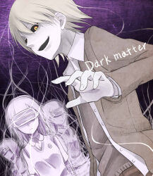 Rule 34 | 1boy, 3girls, black sclera, buttons, clone, closed mouth, collared shirt, colored sclera, colored skin, commentary, dark matter (kakine teitoku), emblem, energy, evil smile, expressionless, ghost, goggles, grey jacket, hair between eyes, hand up, highres, jacket, kakine teitoku, kakine teitoku (post-revival), long sleeves, looking at viewer, medium hair, misaka imouto, multicolored eyes, multiple girls, negiko123123, night vision device, open clothes, open jacket, open mouth, open shirt, purple background, red eyes, school uniform, shirt, short hair, siblings, sisters, sleeveless, sleeveless sweater, smile, summer uniform, sweater, sweater vest, toaru majutsu no index, toaru majutsu no index: new testament, tokiwadai school uniform, two-tone eyes, upper body, v-neck, vest, white hair, white shirt, white skin, yellow eyes