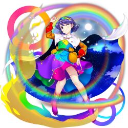 1girl bag blue_hair boots cape closed_mouth dress full_body game_cg hairband highres long_sleeves looking_at_viewer multicolored_dress multicolored_hairband official_art pointing pointing_down pointing_up purple_boots purple_eyes purple_hair rotte_(1109) short_hair simple_background smile solo starry_sky_print tenkyuu_chimata third-party_source touhou touhou_lostword white_background white_cape