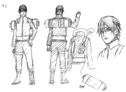 1boy forehead_protector from_behind kishimoto_masashi male_focus monochrome naruto:_the_last naruto_(series) naruto_shippuuden navel official_art sai sandals scroll sketch solo white_background