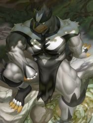 1boy arm_rest bara black_eyes bright_pupils bulge closed_mouth furry furry_male gen_8_pokemon highres legendary_pokemon male_focus muscular nintendo pelvic_curtain pokemon pokemon_(creature) raccoon21 river rock smile solo urshifu urshifu_(single)