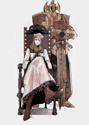1boy 1girl armor brown_footwear covered_face crossed_legs crucible_knight dress elden_ring fake_horns full_armor helmet herheim highres holding holding_sword holding_weapon horned_helmet horns lady_tanith_(elden_ring) long_dress mixed-language_commentary on_chair plate_armor sitting sword tanith&#039;s_knight weapon white_background white_dress white_mask yellow_eyes
