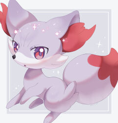 Rule 34 | alternate color, border, commentary request, fennekin, full body, gen 6 pokemon, grey background, highres, iwasi 29, looking at viewer, nintendo, no humans, open mouth, outside border, pokemon, pokemon (creature), red eyes, shiny pokemon, simple background, solo, white border