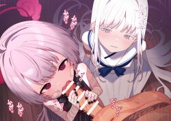 1boy 2girls bandaged_arm bandages bar_censor black_nails blue_archive censored closed_mouth commentary_request fellatio gauze gauze_on_cheek grey_eyes grey_hair halo hetero highres loli long_hair looking_at_viewer multiple_girls nagusa_(blue_archive) nail_polish open_mouth oral paid_reward_available penis penis_grab pov pov_crotch purple_eyes purple_halo robo_mikan shuro_(blue_archive) sound_effects thick_eyelashes variant_set white_hair