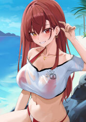 1girl beach bikini bikini_under_clothes blue_sky blush breasts collarbone day earrings grin hair_down halterneck haro_art heart heart_earrings heart_necklace heterochromia highres hololive houshou_marine houshou_marine_(summer) jewelry large_breasts long_hair looking_at_viewer navel necklace no_pants ocean red_eyes red_hair shirt sky smile solo swimsuit very_long_hair virtual_youtuber wet wet_clothes wet_shirt white_shirt yellow_eyes