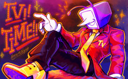 1boy absurdres ant_tenna artist_name belt belt_buckle black_belt black_pants buckle commentary crossed_legs crt deltarune english_commentary english_text gloves here1snyan highres male_focus necktie object_head pants pointy_nose shoes sitting smile solo sparkle tailcoat white_gloves yellow_necktie yellow_shoes