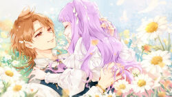 1boy 1girl aged_up arm_around_neck black_vest blurry blurry_foreground bolo_tie bracelet closed_eyes commentary_request daisy_(flower) day depth_of_field dress dress_shirt ellee-chan feather_hair_ornament feathers field finger_to_mouth flower flower_field hair_ornament hair_ribbon half-closed_eyes hand_on_another&#039;s_back hetero high_collar highres hirogaru_sky!_precure jewelry lanzhu long_hair long_sleeves looking_at_another lying on_back on_person orange_hair outdoors precure purple_hair red_eyes ribbon shirt short_hair smile vest white_dress white_ribbon white_shirt yuunagi_tsubasa