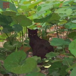 animal animal_focus black_cat cat cat_day from_side highres looking_at_viewer neo1900 no_humans original plant solo yellow_eyes