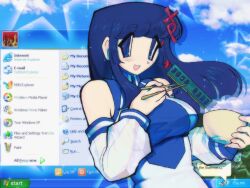 1girl 2000s_(style) blue_hair blue_shirt bowl breasts chopsticks commentary detached_sleeves english_commentary english_text hair_ornament hair_ribbon highres holding holding_bowl holding_chopsticks letter_hair_ornament long_hair looking_at_viewer microchip microsoft_windows open_mouth os-tan pacapara personification red_ribbon ribbon shirt solo two-tone_shirt user_interface white_shirt windows_xp xp-tan