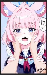 1girl 1other animal_ear_fluff animal_ears armband black_gloves blue_archive blue_eyes blue_sailor_collar blue_skirt blush fangs fingerless_gloves fox_ears fox_girl gloves hands_on_another&#039;s_face highres holding_another&#039;s_arm long_hair looking_at_viewer melissa_v2 neckerchief niko_(blue_archive) open_mouth pink_hair ponytail pov red_armband red_neckerchief sailor_collar sensei_(blue_archive) sidelocks skirt sweatdrop