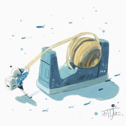 Rule 34 | 1other, absurdres, artist name, backpack, bag, blue jacket, commentary, fish, flying fish, gloves, helmet, highres, holding, holding tape, jacket, kazunoko (kazunoko zunoco), mini person, original, planetary ring, radio antenna, saturn (planet), shadow, signature, simple background, solo, space helmet, standing, tape, tape dispenser, white background, white gloves