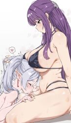 1futa 1girl bikini black_bikini blush breast_rest breasts breasts_on_head censored closed_eyes cum earrings elf fellatio fern_(sousou_no_frieren) frieren futa_with_female futanari hair_ornament heart heavy_breathing highres jewelry large_breasts long_hair m_k mosaic_censoring oral penis pointy_ears purple_eyes purple_hair sitting sousou_no_frieren spoken_heart sweat swimsuit thick_thighs thighs two_side_up white_hair