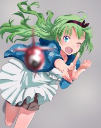 10s 1girl ahoge aqua_eyes bad_id bad_pixiv_id blurry blush commentary_request dart depth_of_field dress female_focus green_hair hairband highres idolmaster idolmaster_million_live! long_hair looking_at_viewer one_eye_closed open_mouth run_p_(aveton) shimabara_elena smile solo white_dress