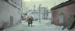 2girls black_gloves blonde_hair brown_jacket brown_skirt building car crow_yayu full_body gloves green_pants headscarf highres holding_hands horse jacket landscape long_hair looking_at_another motor_vehicle multiple_girls pants red_scarf reverse:1999 scarf shirt skirt snow snowing tree vila_(reverse:1999) white_hair white_shirt windsong_(reverse:1999) wooden_box yellow_scarf yuri