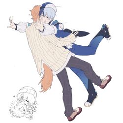 Rule 34 | 2boys, animal ears, aoyagi touya, black pants, black shoes, blue hair, blue hat, blue pants, brown shoes, chibi, closed eyes, closed mouth, commentary, dog boy, dog ears, dog tail, glomp, happy aura, hat, highres, hug, kemonomimi mode, leg up, long sleeves, male focus, multicolored hair, multiple boys, multiple views, orange hair, pants, plaid clothes, plaid pants, project sekai, shinonome akito, shirt, shoes, short hair, simple background, sleeves past wrists, smile, soichi (soichicey), speech bubble, split-color hair, spoken expression, sweat, symbol-only commentary, tail, two-tone hair, white background, yellow shirt