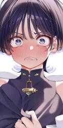 1boy black_bodysuit black_hair blunt_ends blush bodysuit choppy_bangs clenched_teeth clutching_chest colored_inner_hair embarrassed eyelashes fingernails furrowed_brow genshin_impact grey_eyes highres looking_at_viewer ma_d_k_89 male_focus mandarin_collar multicolored_hair portrait purple_hair scaramouche_(genshin_impact) shoulder_peek solo straight-on sweat teeth wanderer_(genshin_impact) white_background wide-eyed