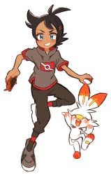 Rule 34 | 1boy, absurdres, black hair, black pants, blue eyes, blush, dark-skinned male, dark skin, gen 4 pokemon, gen 8 pokemon, goh (pokemon), grey footwear, grin, hair ornament, hairclip, highres, holding, holding poke ball, looking at viewer, male focus, nico o0, nintendo, pants, poke ball, poke ball (basic), pokemon, pokemon (anime), pokemon (creature), pokemon journeys, red legwear, rotom, rotom phone, scorbunny, shoes, smile, sneakers, socks, spiked hair, teeth, white background