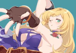 Rule 34 | aqua background, b. jenet, blonde hair, drdr ao midoro, dress, fatal fury, flower tattoo, green eyes, long hair, looking at viewer, one eye closed, purple dress, tattoo, the king of fighters