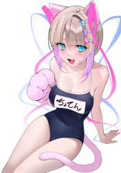 1girl :d absurdres animal_ears animal_hands arm_support bare_shoulders blonde_hair blue_bow blue_eyes blue_one-piece_swimsuit blush bow breasts cat_ears cat_tail chouzetsusaikawa_tenshi-chan cleavage daten_route fake_animal_ears fang gradient_hair hair_ornament highres invisible_chair ixopod large_breasts looking_at_viewer multicolored_hair name_tag narrow_waist needy_girl_overdose official_alternate_costume one-piece_swimsuit open_mouth pink_bow pink_hair purple_bow purple_hair school_swimsuit sitting skin_fang smile solo swimsuit tail textless_version thighs translated white_background