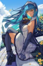 1girl black_gloves blue_hair blue_sky blunt_bangs breasts cloud commentary commission dated detached_sleeves dress eiyuu_densetsu english_commentary english_text falling_petals floating_hair flower gloves high_heels highres hime_cut kai_no_kiseki kuro_no_kiseki_(series) large_breasts long_hair looking_at_viewer maid_headdress outdoors petals risette_twinings sitting sky solo thighhighs watermark wei_(promise_0820) yellow_eyes