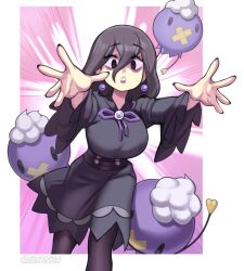 black_dress black_eyes black_hair black_pantyhose border breasts ckatnha cowboy_shot dress drifblim earrings game_freak gen_4_pokemon group_picture hex_maniac_(pokemon) hex_maniac_(pokemon_legends:_z-a) highres jewelry large_breasts long_hair nintendo pantyhose pokemon pokemon_legends:_z-a solo_focus sphere_earrings white_border