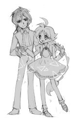 1boy 1girl :d ahiru_(princess_tutu) braid dancing dress fakir_(princess_tutu) gold_crown_academy_school_uniform greyscale hair_between_eyes height_difference hetero holding_hands juliet_sleeves long_hair long_sleeves low_ponytail monochrome open_mouth oppaisagara ponytail princess_tutu puffy_sleeves school_uniform shoes single_braid sketch smile spiked_hair split_mouth very_long_hair white_background