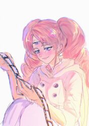 1girl blue_eyes blush brown_hair buttons cape charlotte_pudding closed_mouth drill_hair ear_blush earrings film_strip highres holding holding_film jacket jewelry knees_up long_hair one_piece rita_ya sitting smile solo tears third_eye twin_drills twintails upper_body white_background white_cape white_jacket