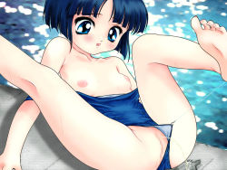 1girl barefoot black_hair blue_eyes blue_one-piece_swimsuit blush censored clothing_aside collarbone female_focus fishing_line flat_chest kashiwagi_kaede kizuato kounyan_(heart_quake_plan) loli looking_down lying nipples one-piece_swimsuit open_mouth pee peeing poolside puddle pussy resized short_hair solo sparkle swimsuit swimsuit_aside water