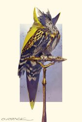 1boy animal_ears armor artist_name beak bird bird_ears chain claws coat feathers full_body high_collar highres looking_at_viewer murayama_ryota no_humans original owl purple_eyes scale_armor scar scar_across_eye scar_on_face sitting tail_armor warrior yellow_coat