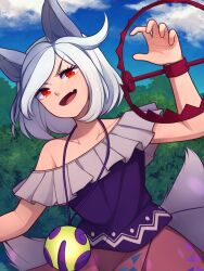 &gt;:) 1girl animal_ears arm_up bear_trap blue_sky claw_pose cloud commentary dutch_angle english_commentary fang frilled_shirt_collar frills from_below grey_hair highres jewelry looking_at_viewer mitsugashira_enoko multicolored_hair multiple_tails necklace off-shoulder_shirt off_shoulder open_mouth outdoors patterned_clothing pink_skirt purple_shirt red_eyes shirt short_hair skin_fang skirt sky sleeveless sleeveless_shirt smile solo speckticuls swept_bangs tail touhou tree two-tone_hair upper_body v-shaped_eyebrows white_hair wolf_ears wolf_girl wolf_tail