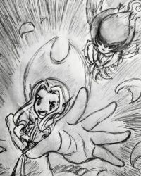 Rule 34 | brown eyes, brown hair, digimon, digimon (creature), fairy, flower, lilimon, long hair, monochrome, monster girl, petals, plant girl, sketch, tachikawa mimi, traditional media