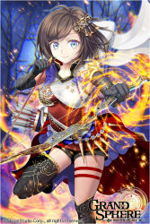 1girl arrow_(projectile) asymmetrical_legwear bare_tree black_gloves black_shorts blue_eyes blue_gemstone boots bow_(weapon) breasts brown_hair cape chromatic_aberration closed_mouth cloud cloudy_sky commentary_request company_name copyright_name elbow_gloves female_focus fire foreshortening forest gem gloves grand_sphere hair_ornament hair_ribbon hand_up high_collar holding holding_arrow holding_bow_(weapon) holding_weapon impossible_clothes knee_boots kuroi_nyan leg_up looking_at_viewer magic medium_breasts mismatched_legwear multicolored_shirt nature night night_sky official_art outdoors outstretched_arm over-kneehighs pointing pointing_at_viewer print_gloves print_thighhighs purple_boots purple_ribbon pyrokinesis quiver red_cape ribbon rubber_boots shirt short_hair short_shorts shorts single_over-kneehigh single_thighhigh sky sleeveless sleeveless_shirt smile solo sparks spiral standing standing_on_one_leg star_(symbol) star_print swept_bangs thigh_strap thighhighs tree vial waist_cape weapon white_ribbon wind