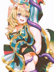 Rule 34 | 1girl, :d, absurdres, ahoge, animal ear fluff, animal ears, anversailles, arm strap, armpits, arms up, asymmetrical legwear, black hair, black panties, blonde hair, blue bow, blue skirt, blue thighhighs, bow, bowtie, braid, breasts, cleavage, clitoris, clothing aside, commentary, commission, double-parted bangs, facial mark, female pubic hair, fox ears, fox girl, fox tail, hair between eyes, hair bow, hair ornament, hair over shoulder, hairclip, hat, heart, heart-shaped pupils, highres, holding own leg, hololive, imminent penetration, jester cap, layered skirt, leg lift, long hair, looking at viewer, mark under eye, miniskirt, mismatched legwear, multicolored hair, omaru polka, omaru polka (1st costume), open mouth, panties, panties aside, pink hair, pink thighhighs, pubic hair, purple eyes, pussy, red bow, red bowtie, shirt, side braid, simple background, single braid, skirt, sleeveless, sleeveless shirt, smile, solo, split, spread pussy, standing, standing on one leg, standing split, streaked hair, striped clothes, striped skirt, striped thighhighs, symbol-only commentary, symbol-shaped pupils, tail, teeth, tentacles, thighhighs, tilted headwear, traditional bowtie, uncensored, underwear, upper teeth only, variant set, vertical-striped clothes, vertical-striped skirt, vertical-striped thighhighs, virtual youtuber, white background, x hair ornament