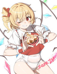 1girl absurdres blonde_hair covered_navel crystal_wings dated flandre_scarlet four-finger_heart_hands grin hair_between_eyes heart heart_hands highres looking_at_viewer medium_hair nail_polish one-piece_swimsuit one_eye_closed red_eyes red_nails red_vest shirt short_sleeves side_ponytail smile solo swimsuit teeth thighs touhou vampire vest white_background white_one-piece_swimsuit white_shirt wrist_cuffs ylong