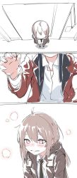 1boy 1girl ahoge blush commander_(girls&#039;_frontline) girls&#039;_frontline grey_hair griffin_&amp;_kryuger_military_uniform highres jacket long_sleeves m200_(girls&#039;_frontline) necktie ponytail purple_eyes shinoe_nun simple_background solo_focus standing white_background