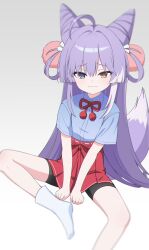 Rule 34 | 1girl, ahoge, bike shorts, blue eyes, cone hair bun, fox girl, fox tail, hair bun, hair ornament, hair rings, heterochromia, highres, long hair, looking at viewer, nanju bami, pom pom (clothes), pom pom hair ornament, purple hair, purple tail, short sleeves, simple background, solo, stellive, tail, tenko shibuki, two-tone tail, virtual youtuber, white background, yellow eyes