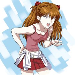 alternate_costume amondetauro bra_strap breasts camisole cowboy_shot half_updo hand_on_own_hip highres interface_headset_(evangelion) leaning_forward long_hair miniskirt neon_genesis_evangelion open_mouth orange_hair pleated_skirt red_camisole red_skirt skirt small_breasts souryuu_asuka_langley talking