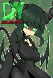 Rule 34 | 1girl, black choker, black dress, black horns, black rock shooter, bloodycat, breasts, choker, dead master, dress, green eyes, green hair, horns, medium breasts, medium hair, skeletal wings, solo, wings